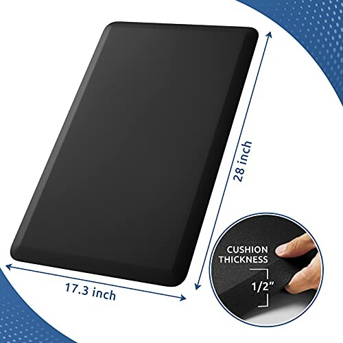 Black anti-fatigue mat with dimensions 17.3 by 28 inches and 1/2 inch cushion thickness.