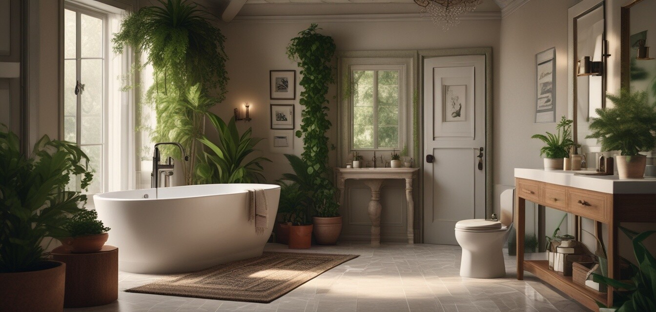 Decorated bathroom with plants and artwork