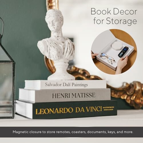 Stack of decorative books with hidden storage and a bust sculpture on top.