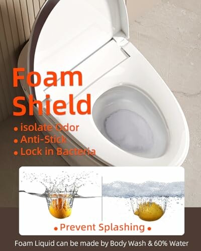 Toilet with foam shield features: isolate odor, anti-stick, lock in bacteria, prevent splashing.